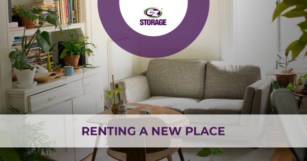 Furnished room with loveseat couch, table and several plants with text "Renting a new place"