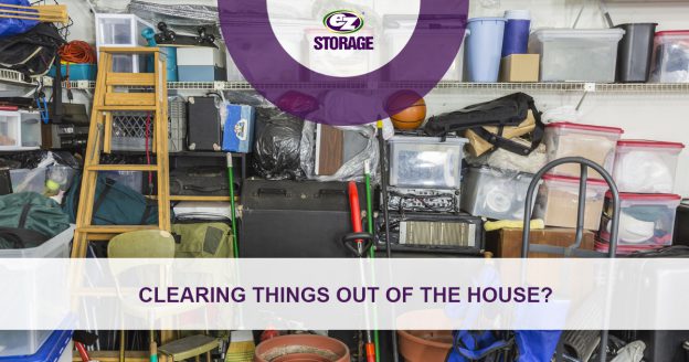 Family's cluttered garage and text "Clearing things out of the house?"