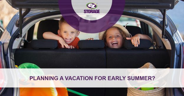 View of a hatchback trunk open and two kids sitting in the backseat with banner text "Planning a vacation for early summer"