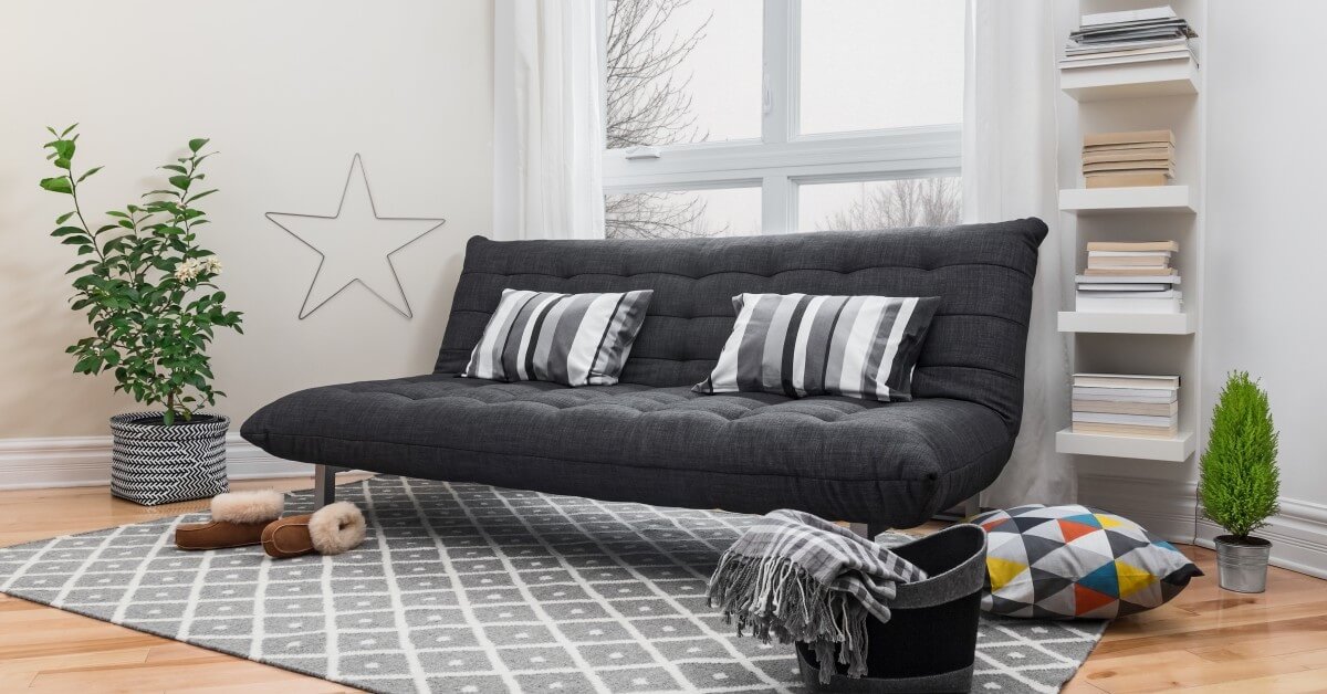 College apartment living room scene with futon sofa and gray & white color scheme.