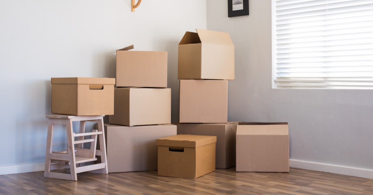 Stacked moving boxes in a corner